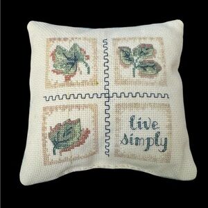Handmade 'Live Simply' Cross-Stitch Mini Pillow - Cream with Green Leaf Motif
